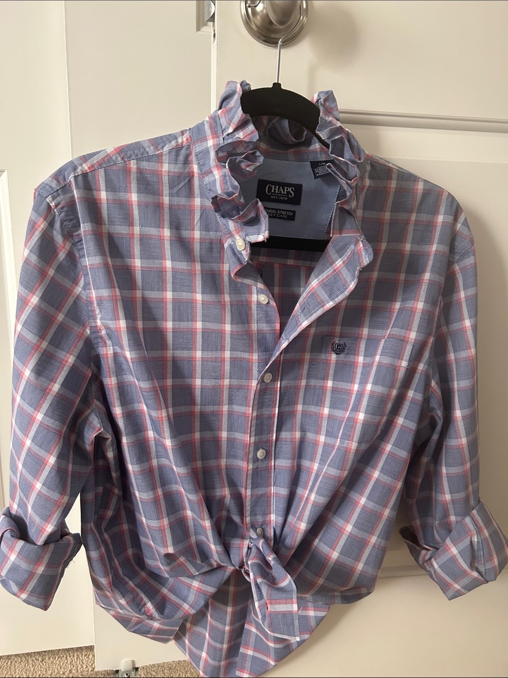 Chaps Blue and Red Plaid Ruffled Collar Button-Down